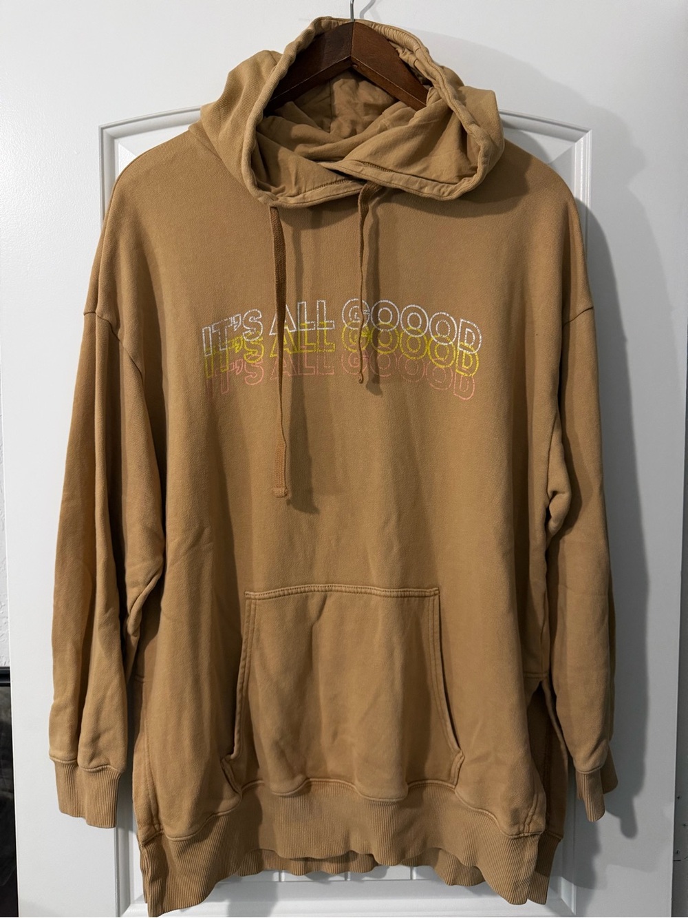 aerie Oversized Tan Hoodie with Multicolor "It's All Good" Graphic